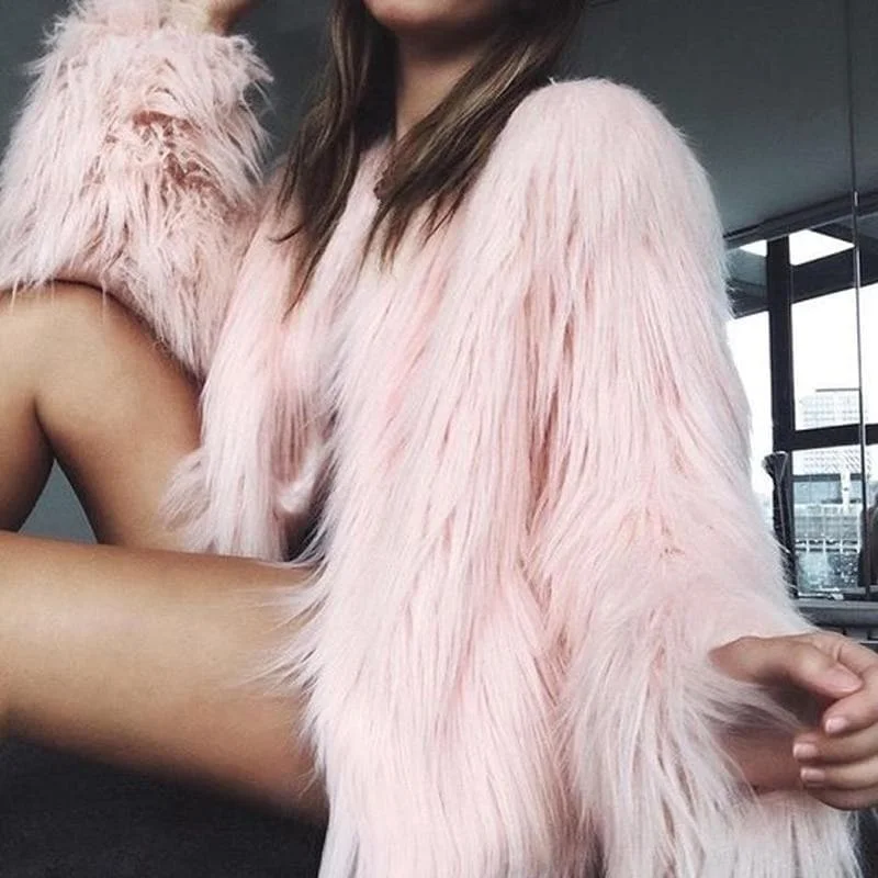 Pink Black Grey Winter Faux Fur Coat SP14758