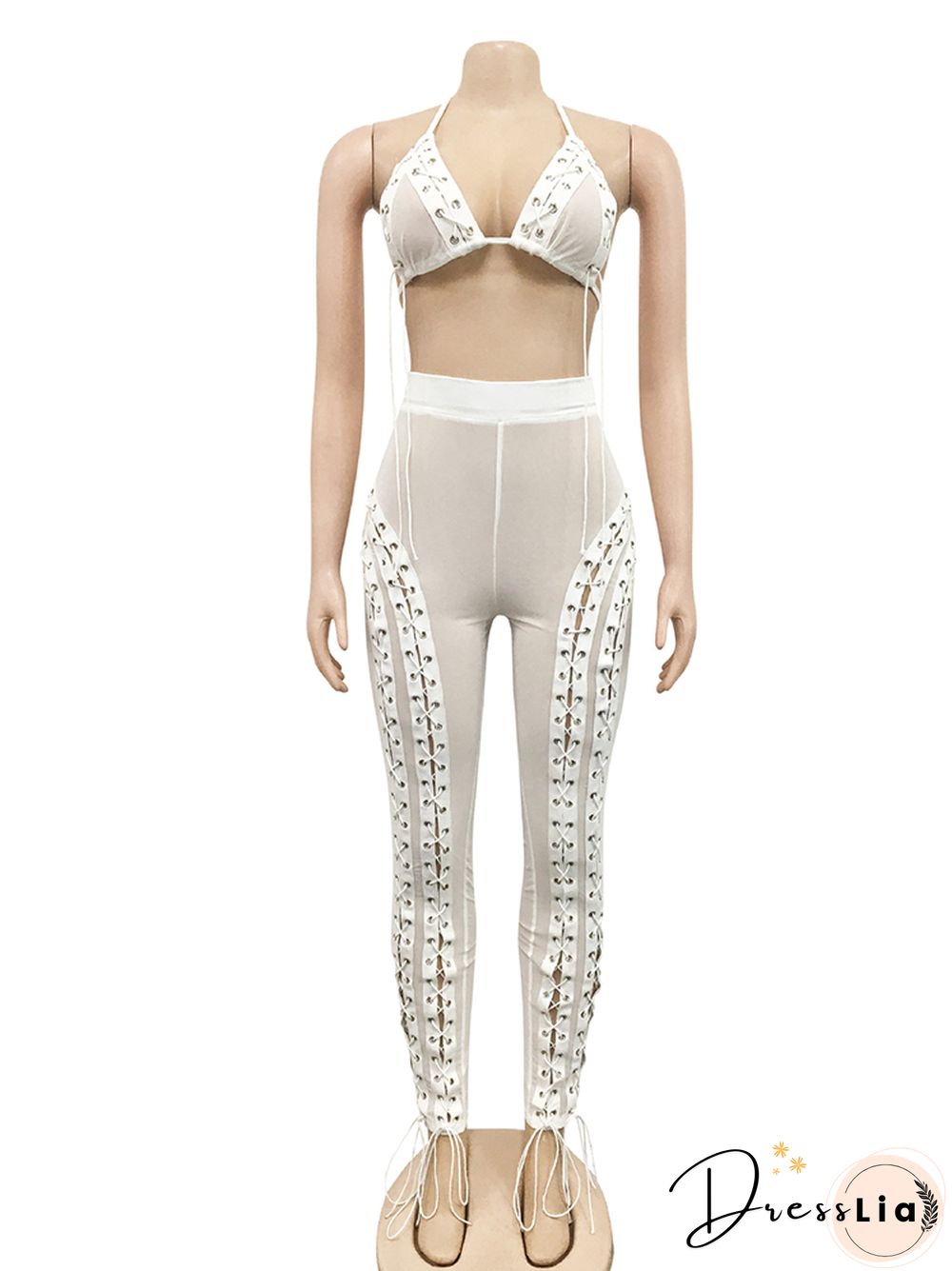 Hollow Out Bandage Mesh See Through Bikini TopsAnd Pencil Pants Two Piece Set Woman Summer Sexy Party Club Outfits