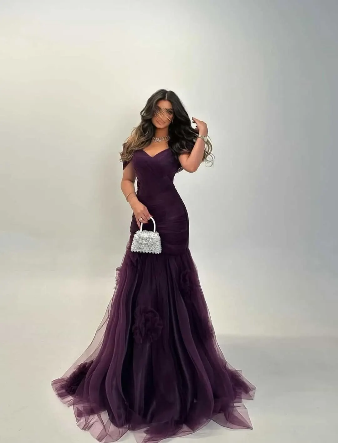 Dark Purple Chiffon V-Neck Short Sleeves Long Mermaid Prom Dress With Pleated And Flowers | YK0860 Wellcucu