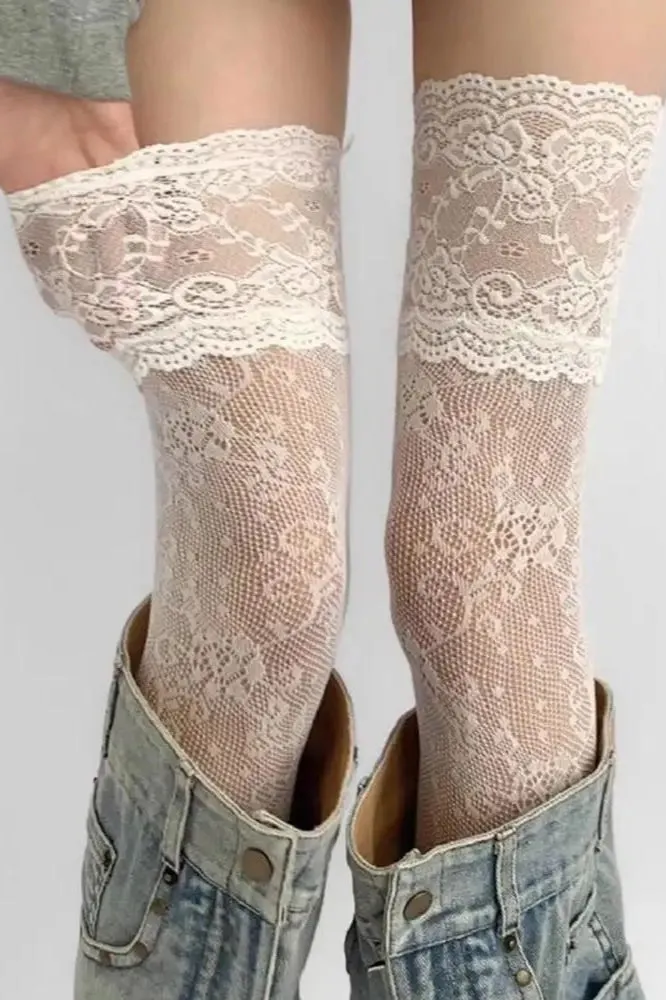 Lace Trim Y2K Floral Fishnet Over Knee Mesh Socks