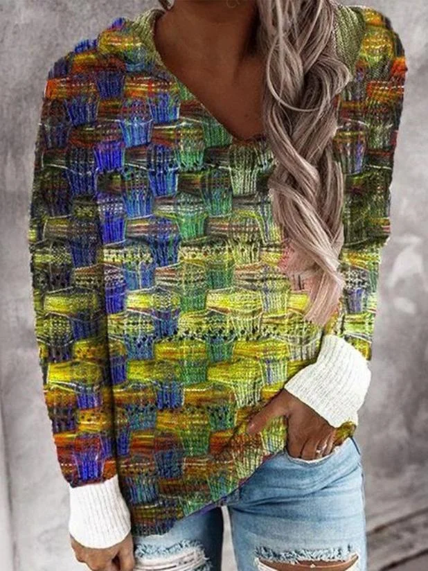 Women Long Sleeve V-neck Printed Sweatshirt Tops