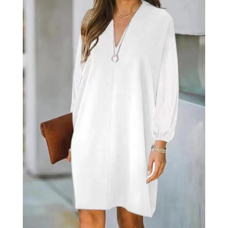 Women's V-neck Long-sleeved Solid Color Loose Dress
