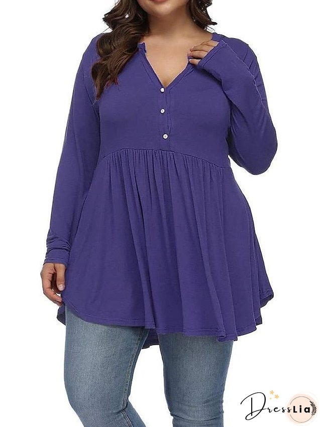 T shirt Tee Light Blue claret Deep Purple Plain Button Flowing tunic Long Sleeve Daily Weekend Basic V Neck Long Plus Size L for Women