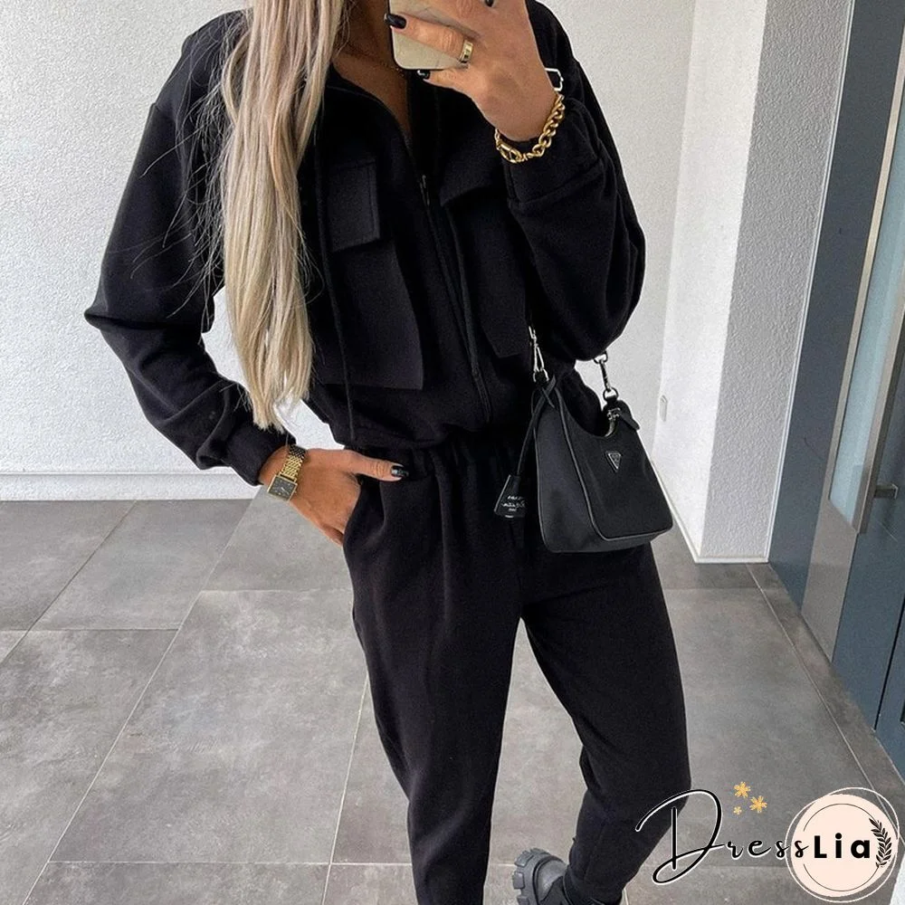 Spring Autumn Sportswear Outfits Women Fashion Zipper Cardigan And Elastic Waist Pants Tracksuit Casual Solid 2pcs Suit Set