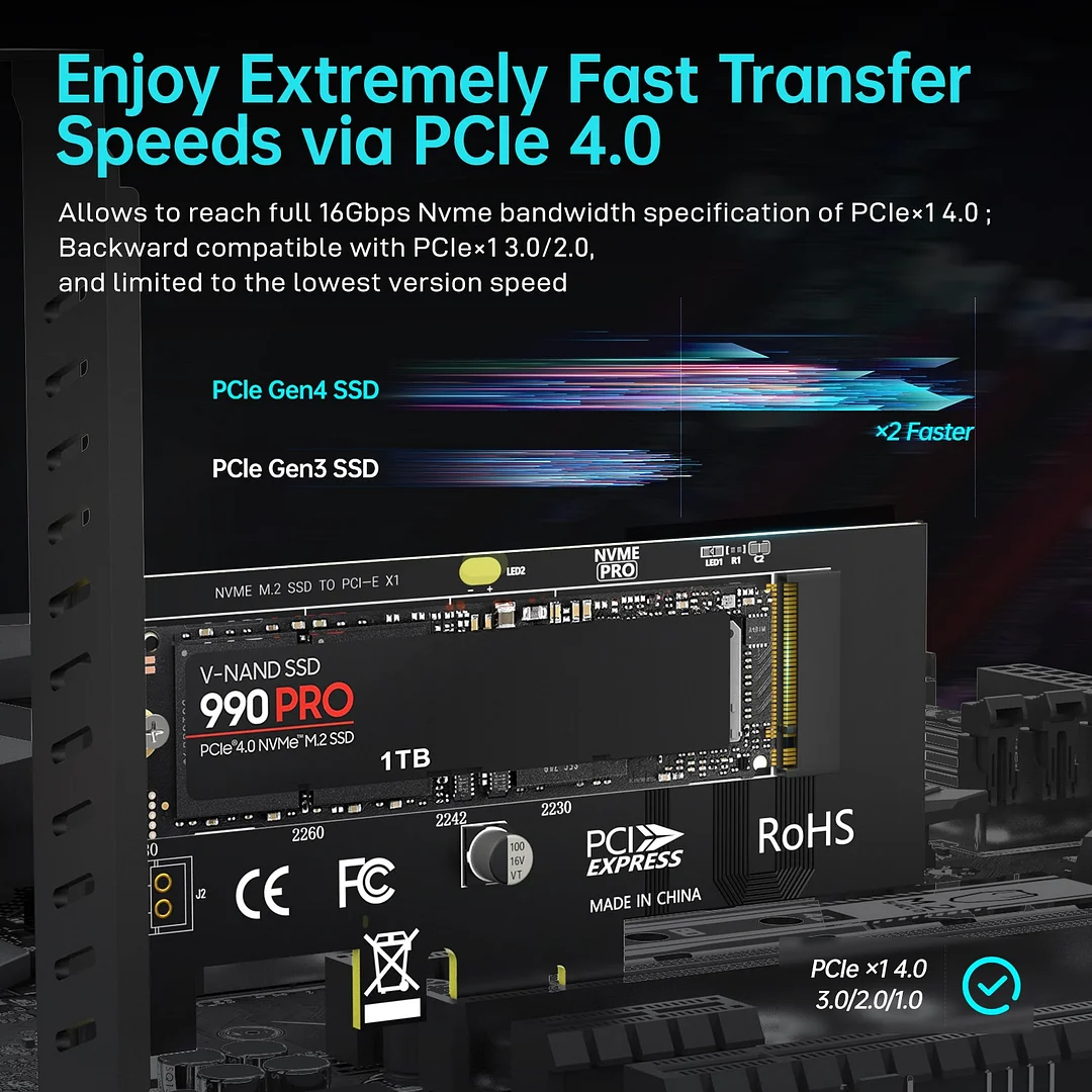 JEYI M.2 NVME SSD to PCIe 4.0 x1 Adapter Card, 2280 SSD PCIE X1 ...
