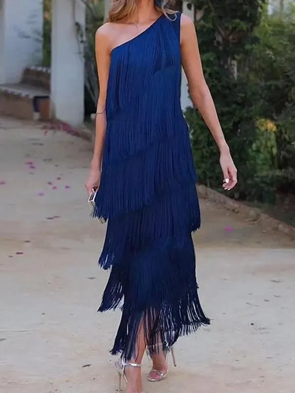 Loose Sleeveless Asymmetric Solid Color Split-Joint Tasseled One-Shoulder Maxi Dresses