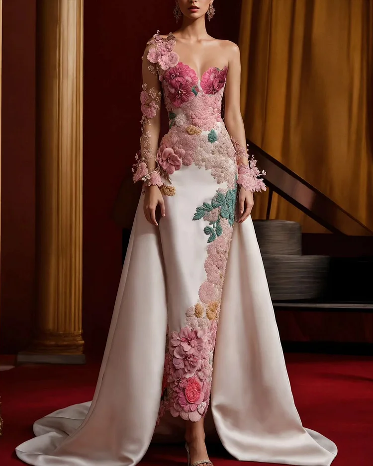 Women's One Shoulder Sleeve Flower Embroidery Dress