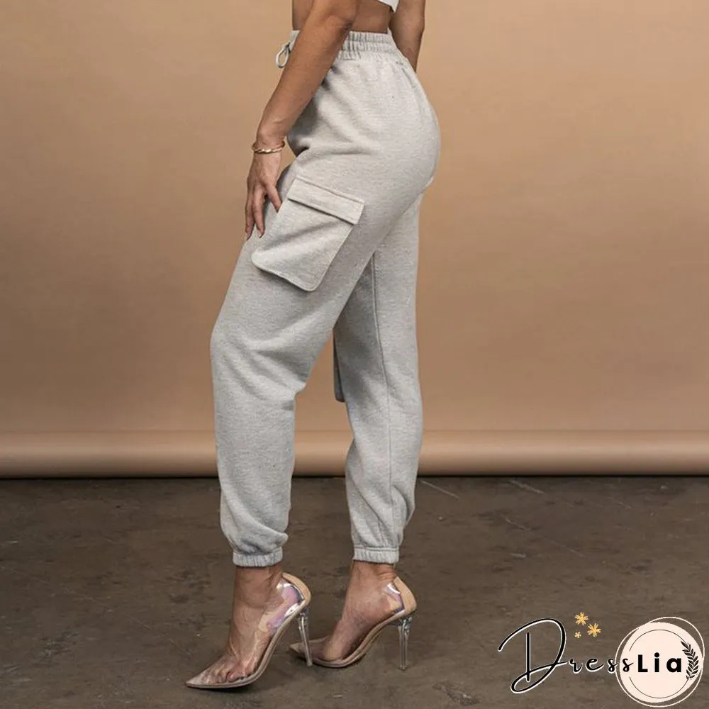 Sporty Crop Top and Pocket Detail Jogger Tracksuit Pant Set