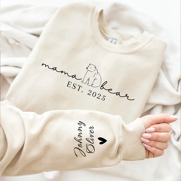 Custom Mama Bear EST Shirt with Kid Name on Sleeve, Mother's Day Gift, Gift for Mama