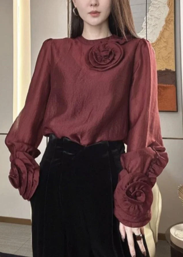 French Mulberry O-Neck Floral Silk Velour Top Spring