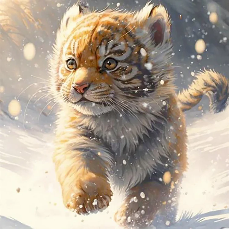 Little Tiger Running In The Snow - Full Round Drill Diamond Painting -  30*30CM(Canvas)