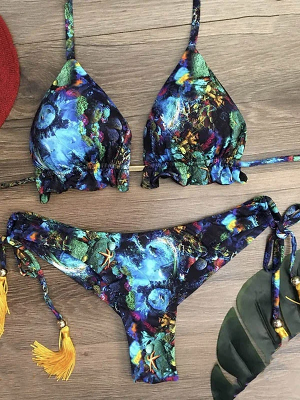 Floral-Print Ruffled Triangles Bandage Split Bikini Swimsuit