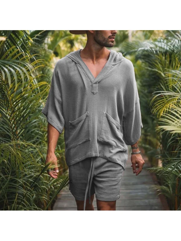 Men's Cotton Linen Long Sleeve Hooded Shirt