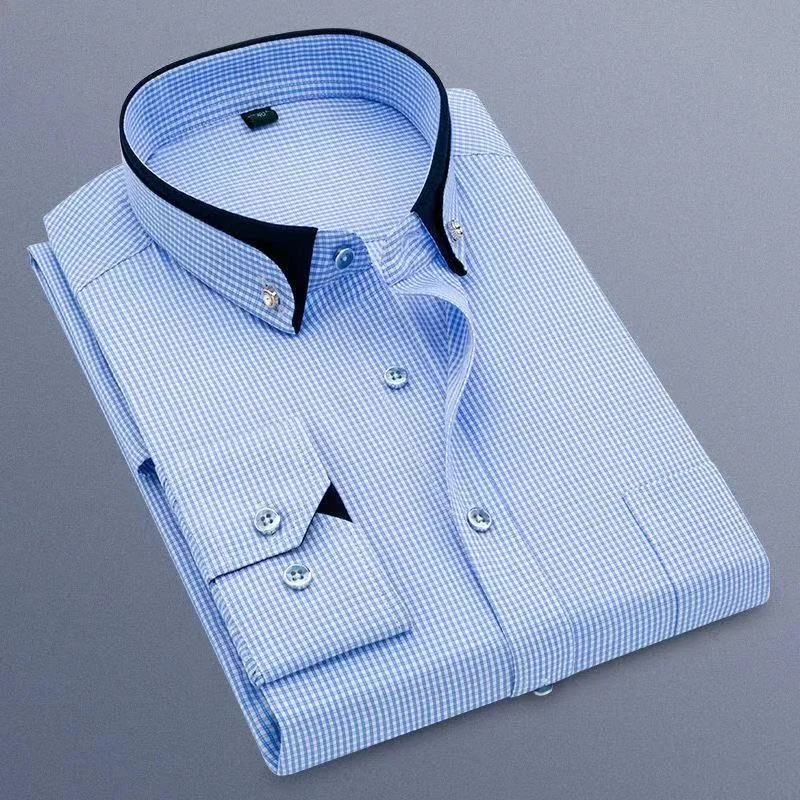 Men's Business Anti-Wrinkle Long Sleeve Cotton Plaid Shirt