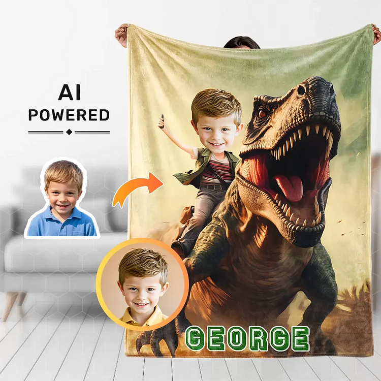 Custom Photo Blankets AI-Powered 3D Boy Ride Dinosaur Personalized Blankets With Your Photo