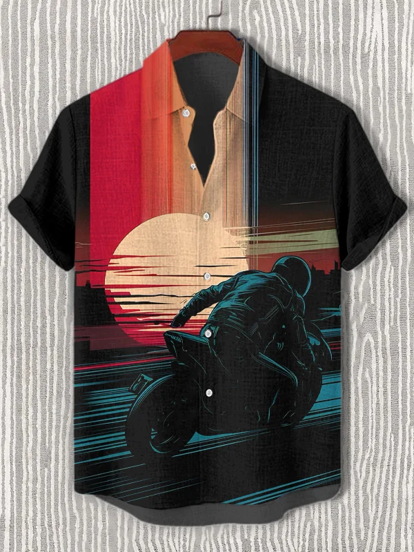 Men's Sunset Motorcycle Print Short Sleeve Shirt