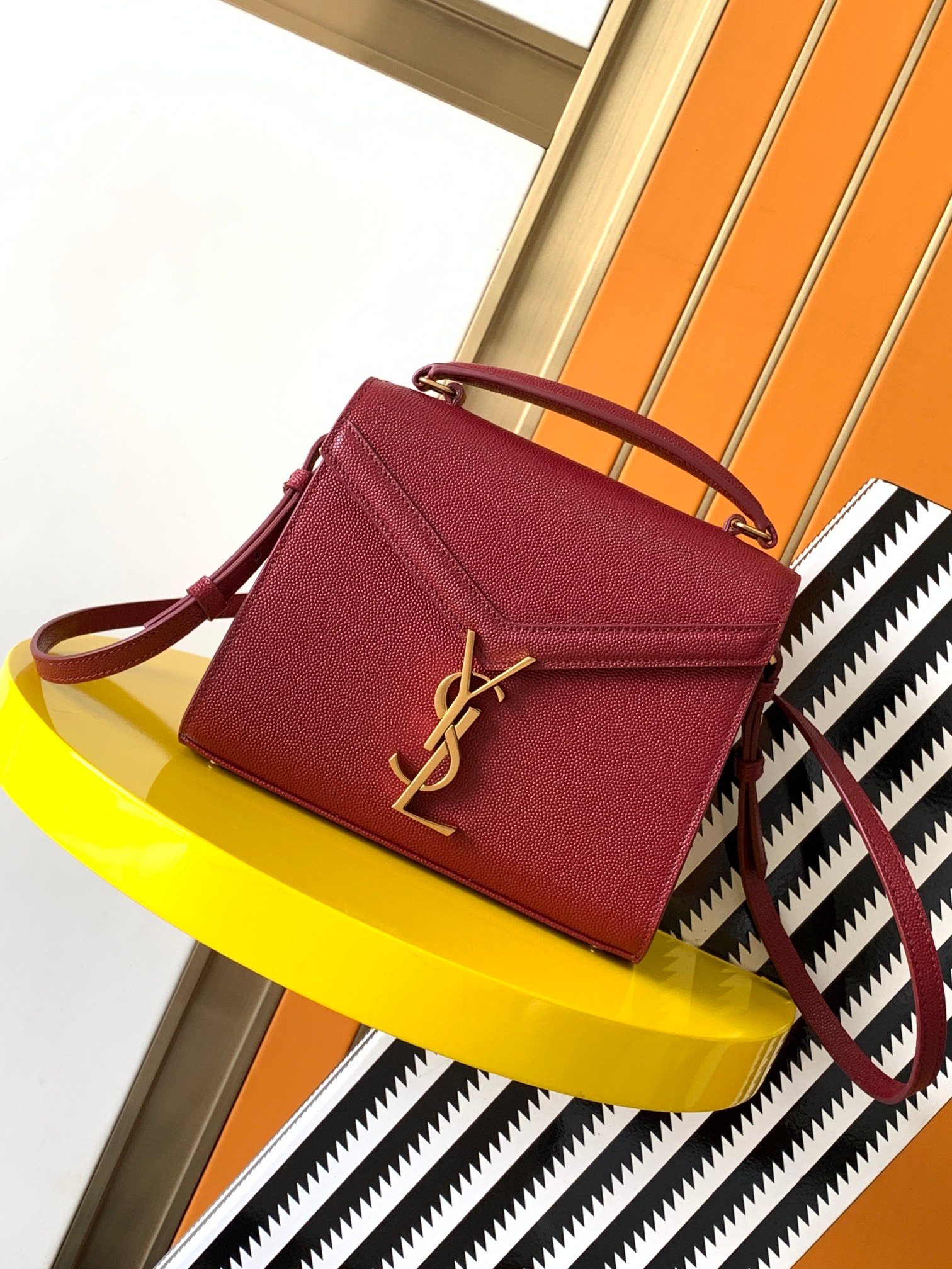YSL Cassandra Mini & Medium Top Handle Bag in Dark Red Grained Leather