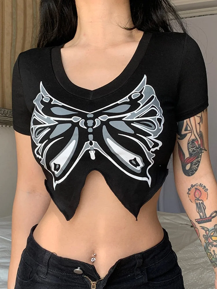 Butterfly Top Women T Shirt Graphic T Shirts 2022 Skinny Brown Short Sleeve Tees Summer Clothes Streetwear V Neck Black Crop Top