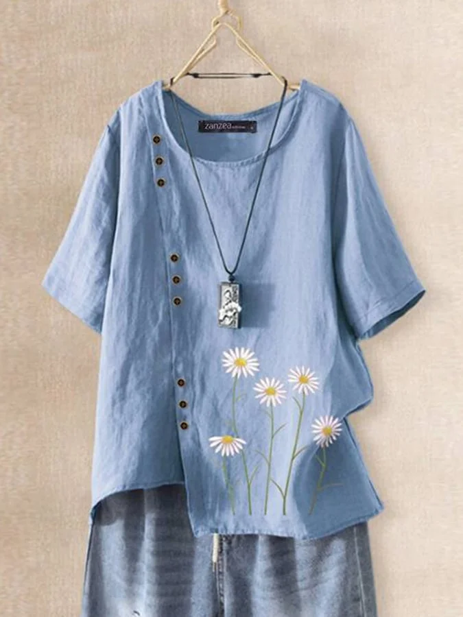 Women's Round Neck Button Down Floral Design Casual Cotton And Linen Shirt