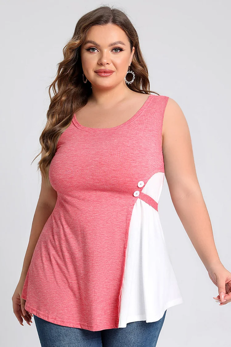 Plus Size Decorative Button Solid Round Neck Patchwork Casual Tank Top