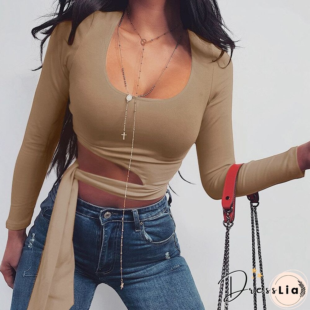 Sexy Crop Woman Tshirts Fashion Slim Long Sleeeve Lace Up Top Spring Summer Casual Korean Solid Square Collar Women Clothing
