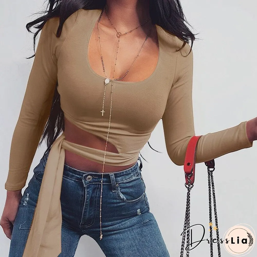 Sexy Crop Woman Tshirts Fashion Slim Long Sleeeve Lace Up Top Spring Summer Casual Korean Solid Square Collar Women Clothing