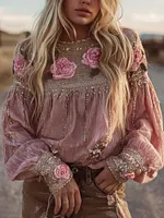 Women's Bohemian Floral Sequin Patchwork Long Sleeve Top