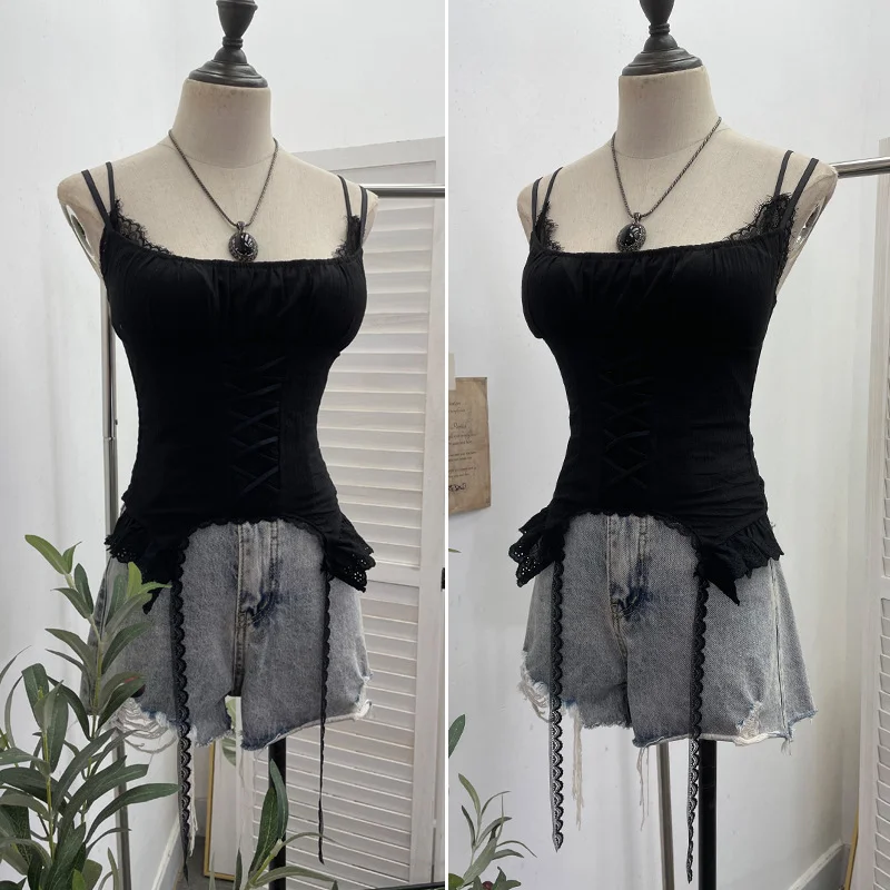 Nigikala Nigikala Outside Wearing Hottie Fake Two Splicing Lace Slings Vest Short Sleeveless Top 12282