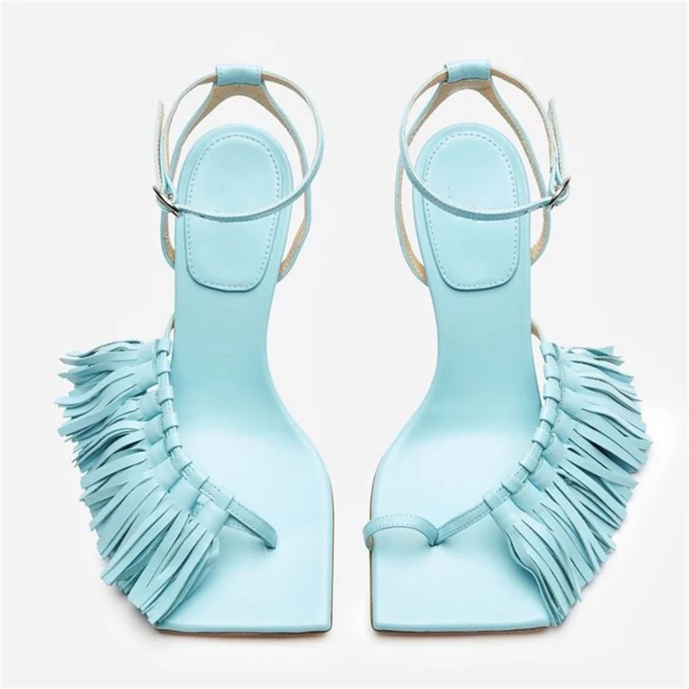 Black Leather High Tassel Decor Sandals Women Open Toe High Heel Solid Color Buckle Ankle Straps Stiletto Heels Party Shoes  highheelher