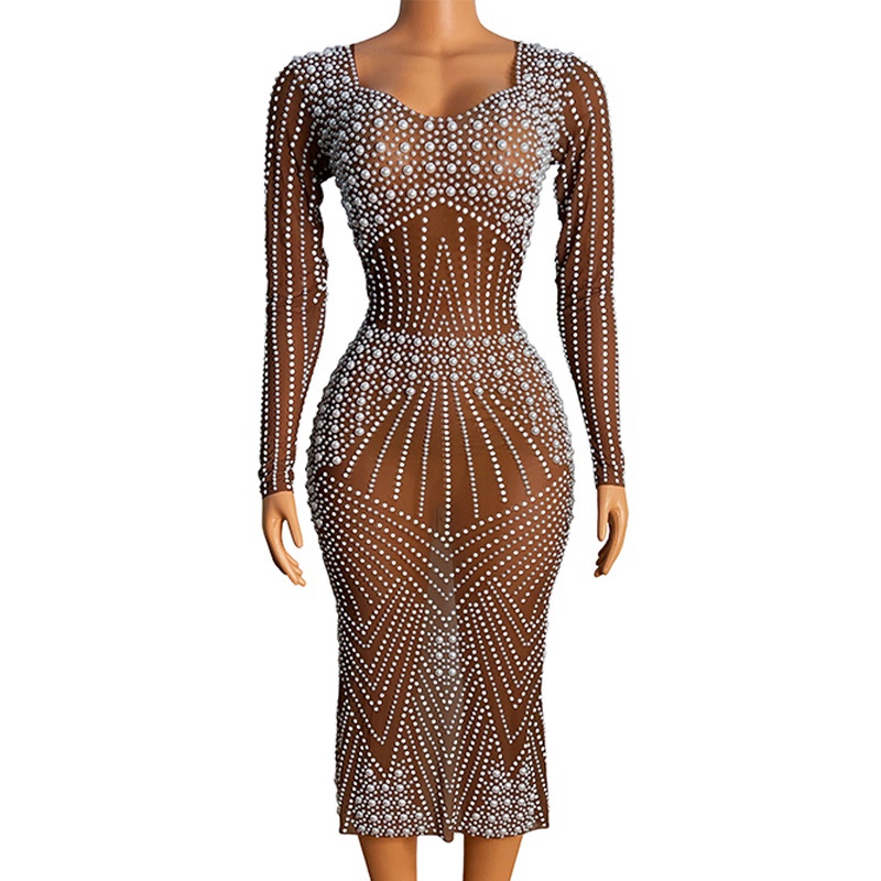 Full Pearl Slim Long Dress Wedding Festival Clothing Rave Clothes Evening Dresses