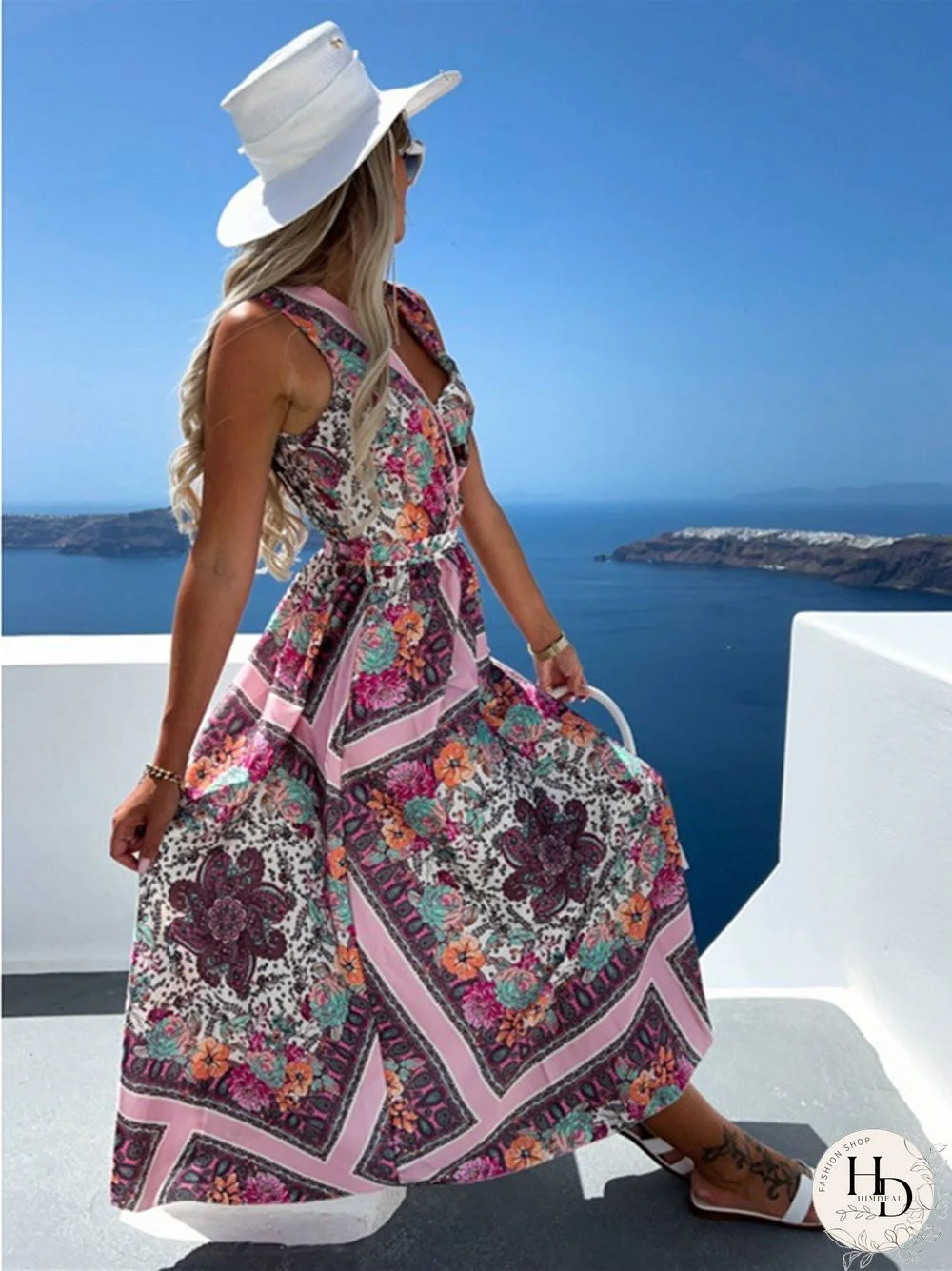 New Fashion V-neck Sleeveless Waist Print Dress for Women