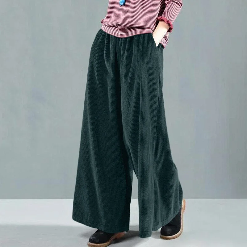 ZANZEA Women Corduroy Wide-legged Pants Stylish Elastic High Waist Pockets Causal Ankle Length Long Female Streetwear Trousers
