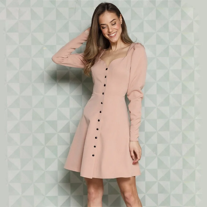 Vintage Button Dress Vestidos Ladies Trendy Solid Puff Sleeve A-line Mini Dress Women Elegant Slim All-match Mini Dress Autumn