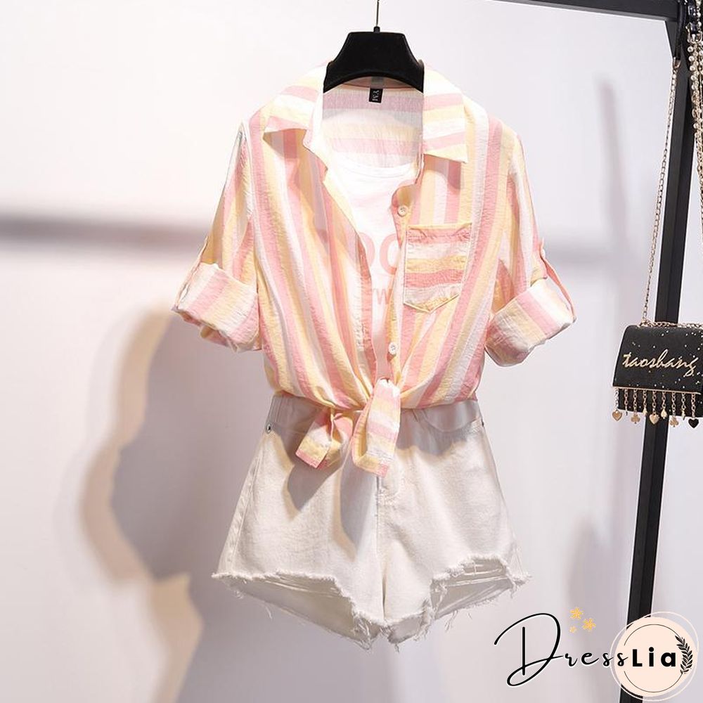 Stripe Blouse+Hole Denim Shorts P15521