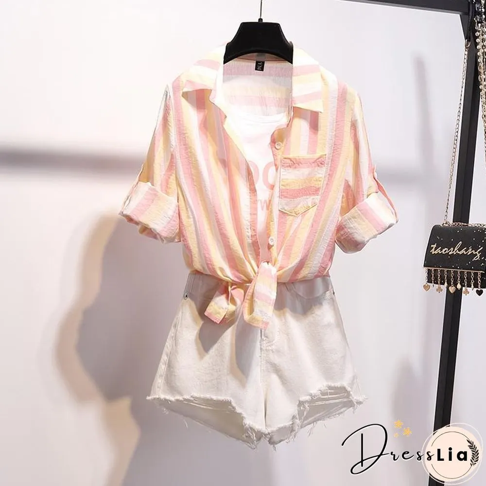 Stripe Blouse+Hole Denim Shorts P15521