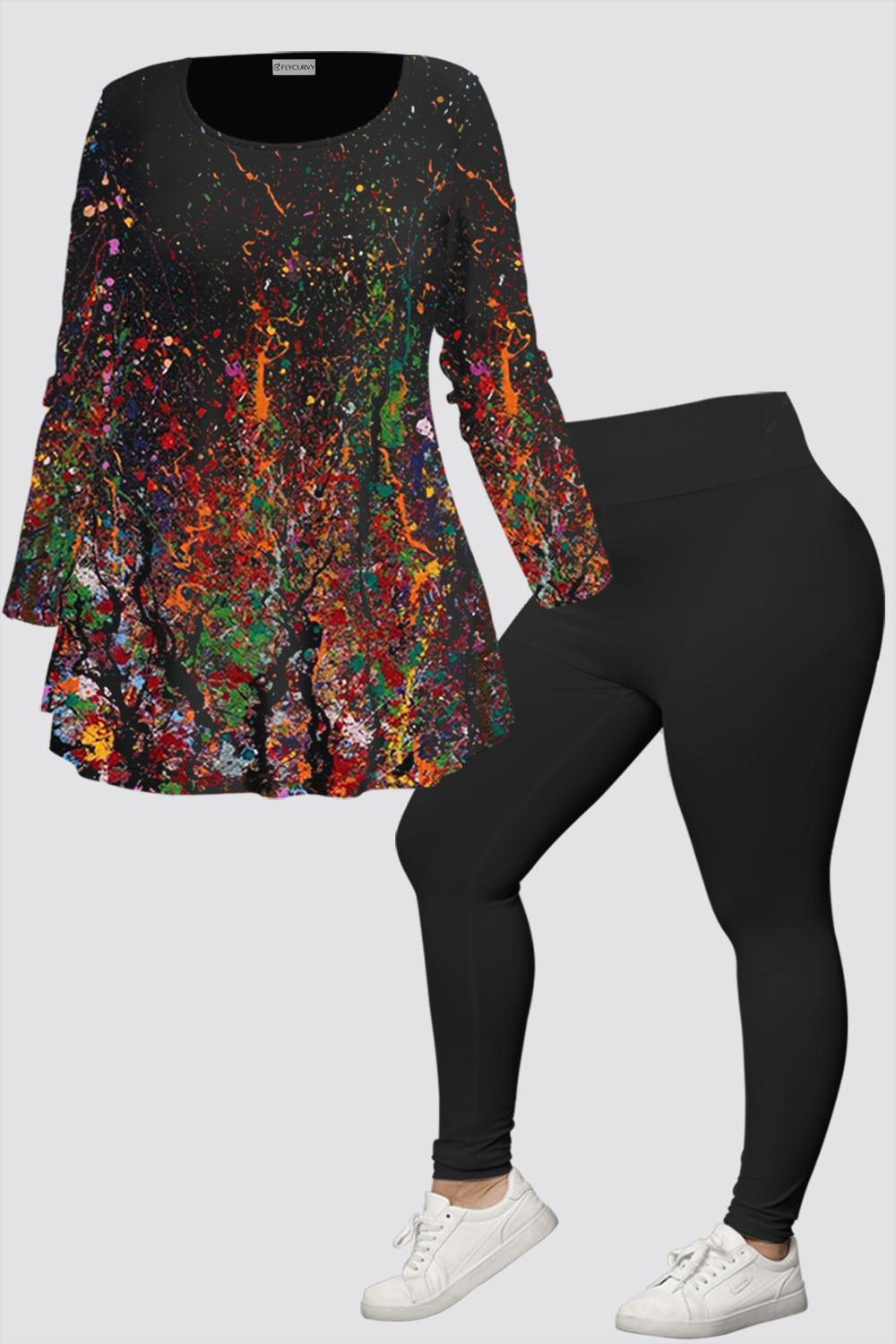 Flycurvy Plus Size Casual Multicolor Splash Graffiti Print Long Sleeve Two Piece Pant Set 2024 - Flycurvy 