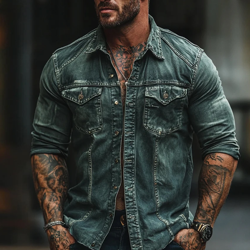 Men's Fashion Washed Distressed Lapel Chest Pocket Long Sleeve Denim Shirt