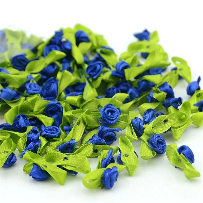 300pcs Mini Satin Ribbon Flower Silk Rose head Ribbon DIY Wedding Bow Appliques Craft Sewing Clothing Accessories  Decoration