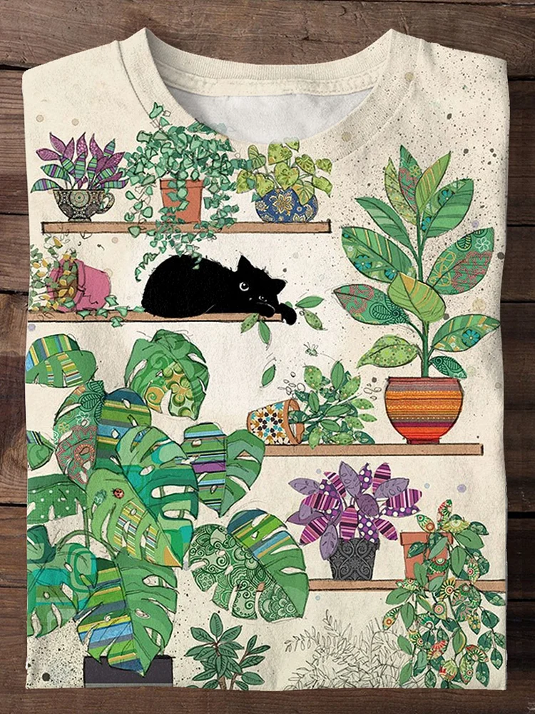 Casual Cute Cat Plant Art Print T-shirt socialshop