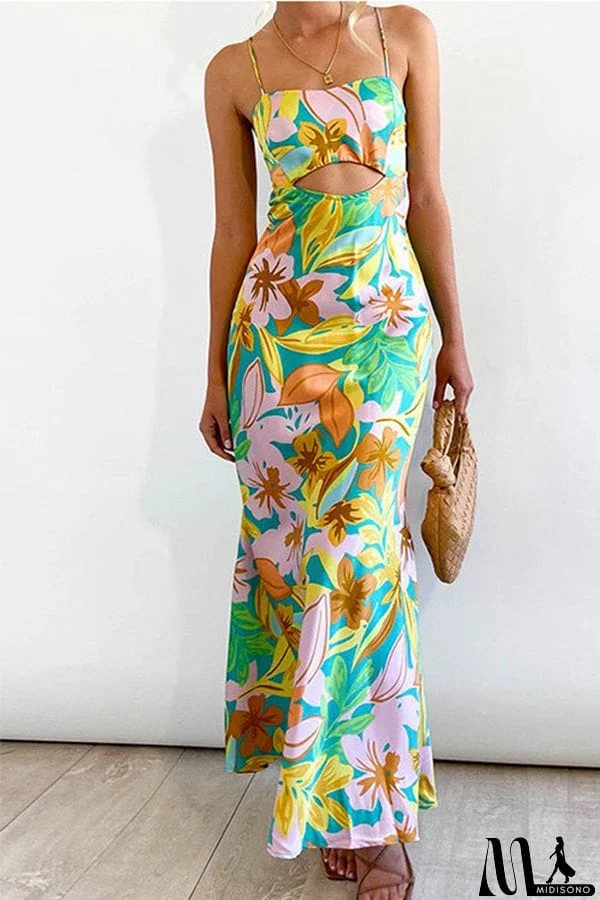 MidiSono - Moxidress Square Collar Cut Out Printed Cami Dress