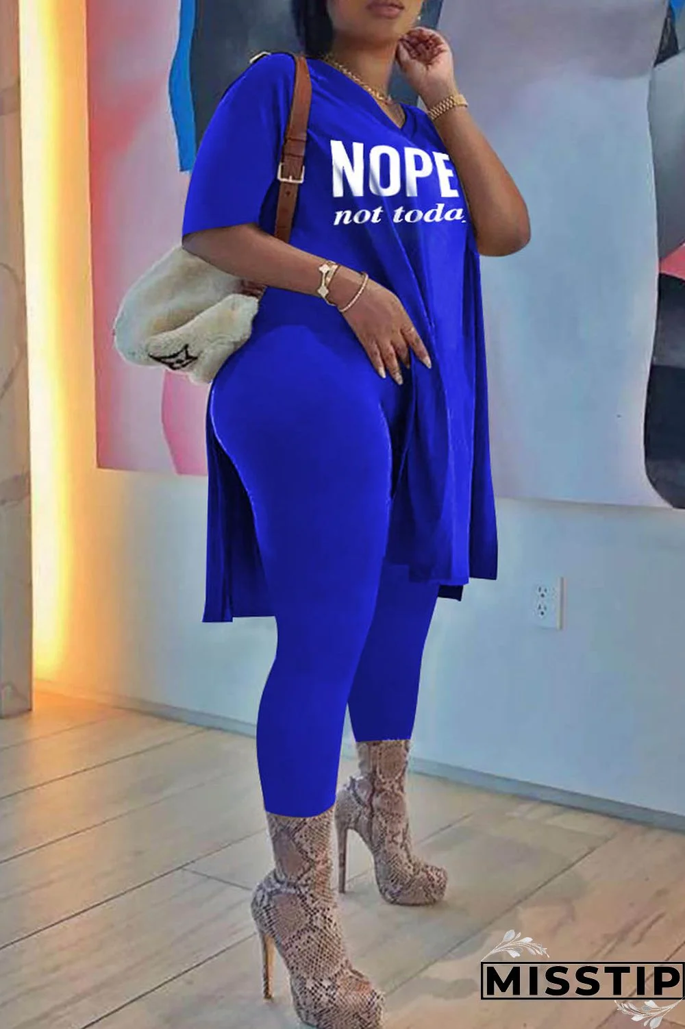 Black Fashion Casual Letter Print Slit V Neck Plus Size Two Pieces