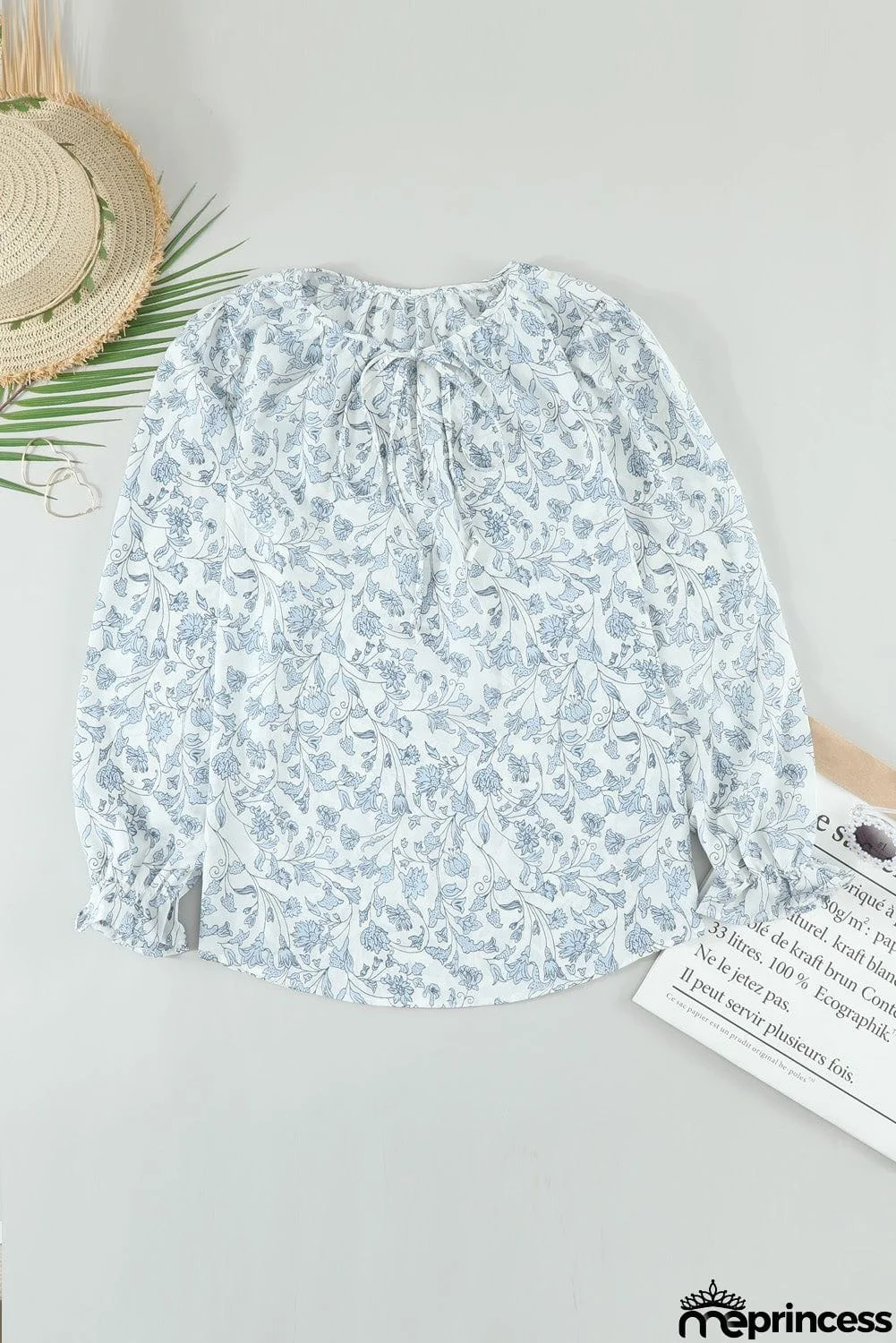 Printed Long Sleeve V-Neck Drawstring Shirt