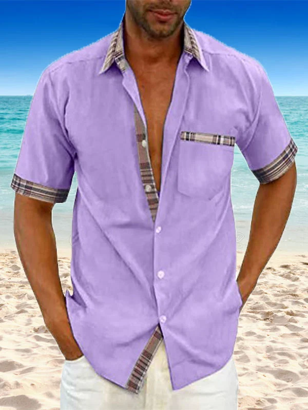 Men's Casual Plaid Collar Button Up Summer Linen Shirt