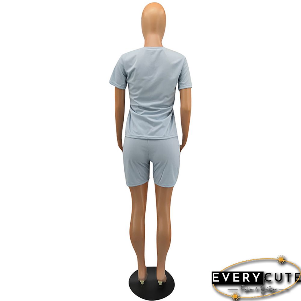 Light Blue Sequined Eyes Printed 2pcs Set