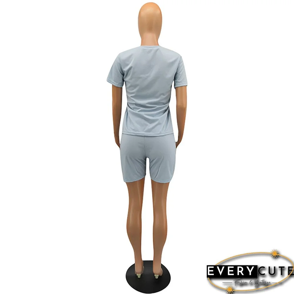 Light Blue Sequined Eyes Printed 2pcs Set