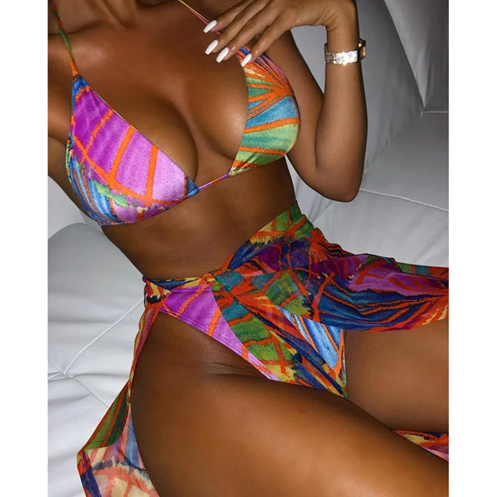 2021 Sexy Print Bikini Set With Sarong Beach Dress Women Swimwear Swimsuit Female Three Pieces Bikini Set Bathing Suit Beachwear