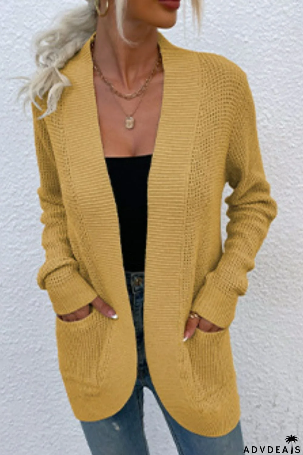 Open Front Rib-Knit Cardigan with Pockets