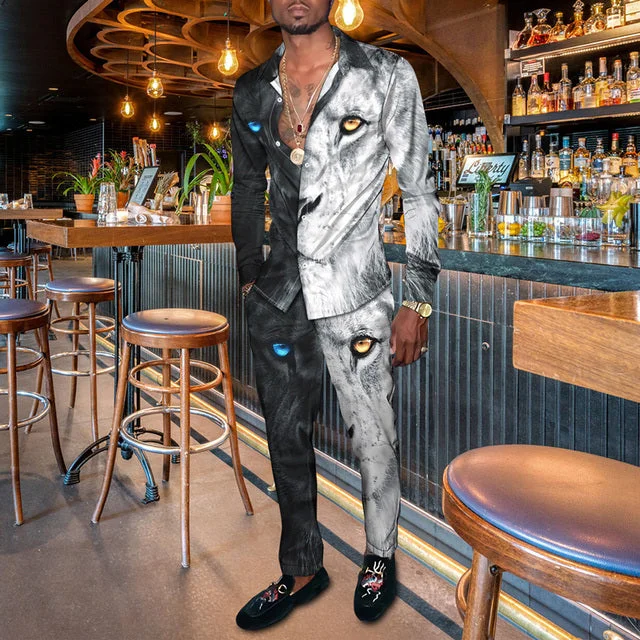 Men's fashion casual black printed silk long sleeve two-piece set