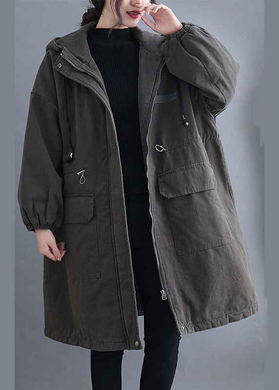 Organic Grey Hooded Zippered Pockets Winter Long sleeve Coat