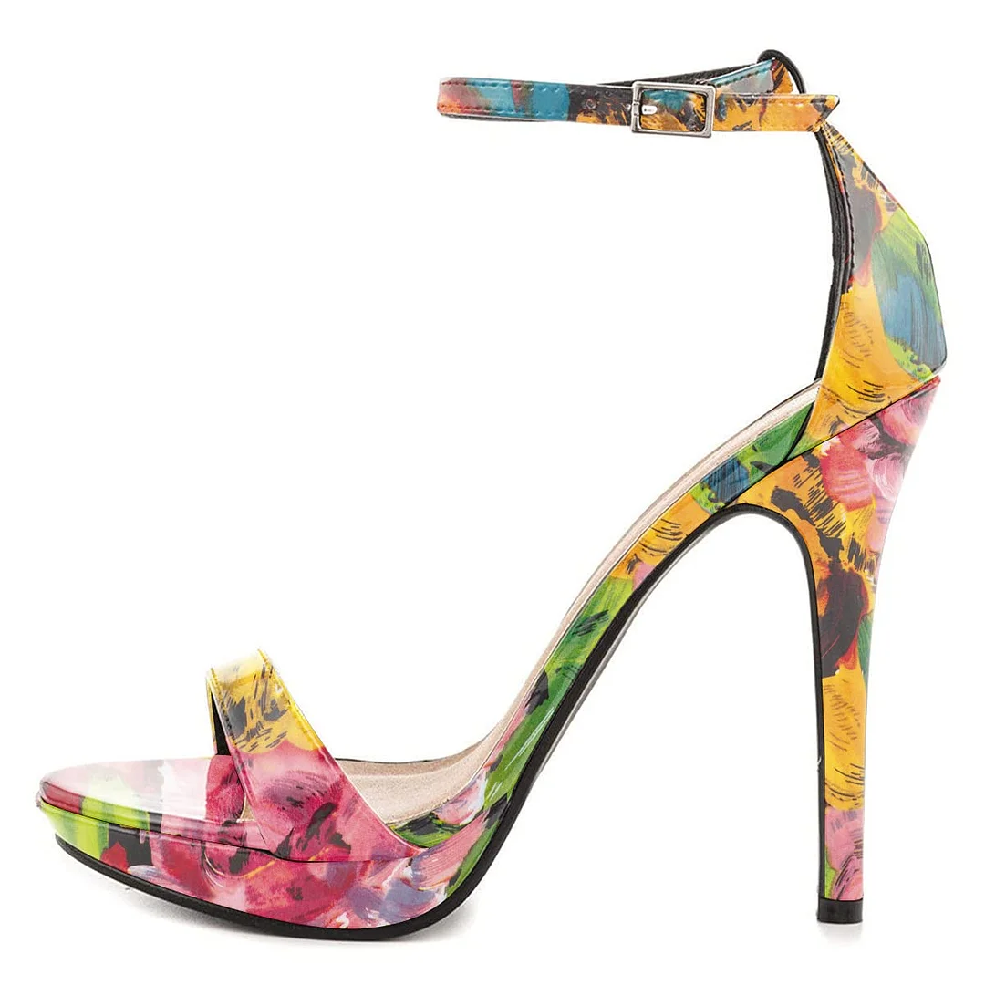 Ankle Strap Multicolor Floral Print Open Toe Stiletto Heeled Sandals